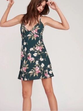 Volcom Floral Slip Mini Dress in Dark Teal with Pink Accents